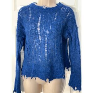 Zara Blue Alpaca and Wool Blend Ripped/Distressed Knit Sweater, Women's Size M